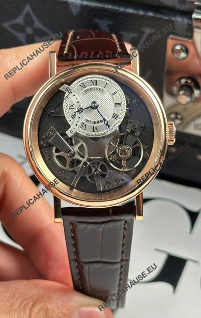 Breguet Tradition 7057BR/R9/9W6 Rose Gold Casing Single Tourbillon Swiss Replica Brown Strap Watch