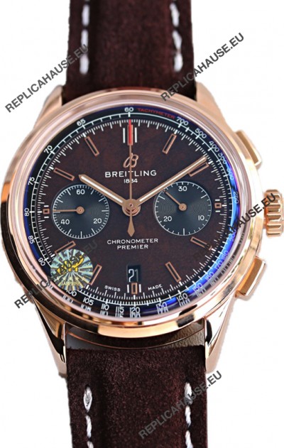 Breitling Premier B01 Chronograph 42 Edition Rose Gold Casing Centenary Brown Dial - 1:1 Mirror Replica Watch