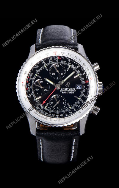 Breitling Navitimer 1 Chronograph 41MM Swiss Watch Black Dial in 904L Steel - Leather Strap