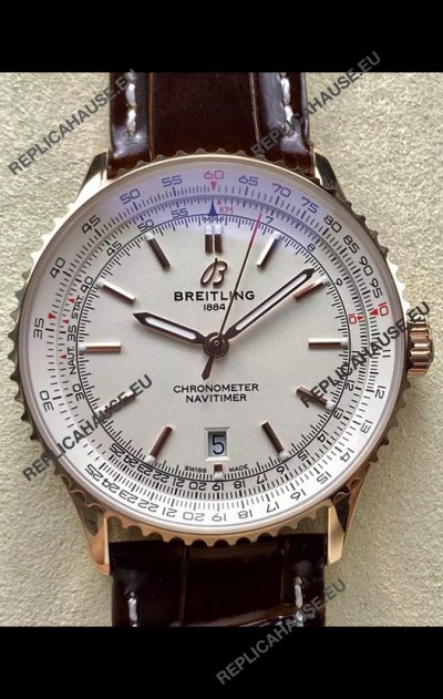 Breitling Navitimer 1 Automatic Swiss Replica Watch in White Dial Rose Gold Casing