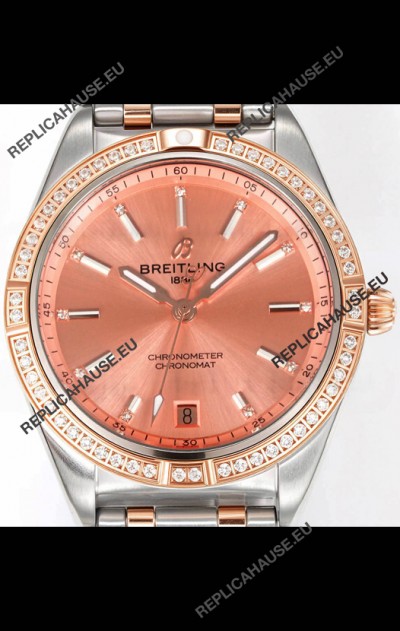 Breitling Chronomat 36MM 2 Tone Rose Gold Casing 1:1 Mirror Replica Watch Salmon Dial