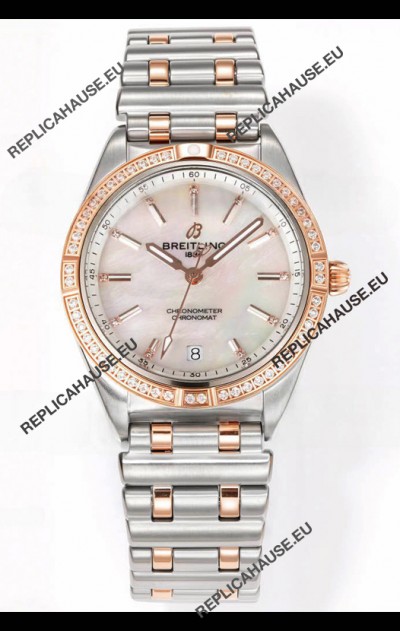 Breitling Chronomat 36MM 2 Tone Rose Gold Casing 1:1 Mirror Replica Watch Pearl Dial