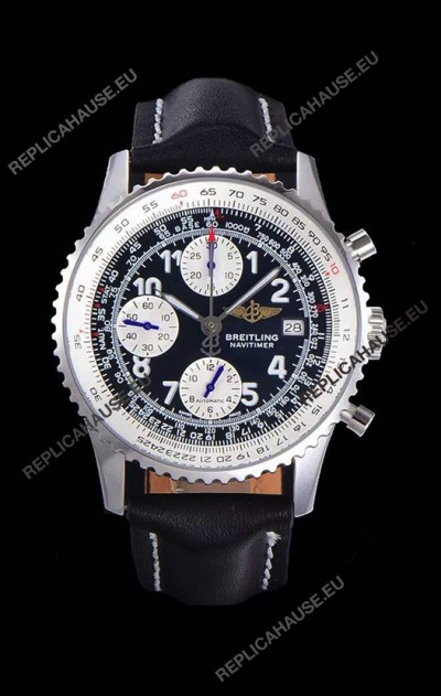 Breitling Navitimer Chronograph 41MM Swiss Replica Watch in 904L Steel Casing - Black Leather Strap