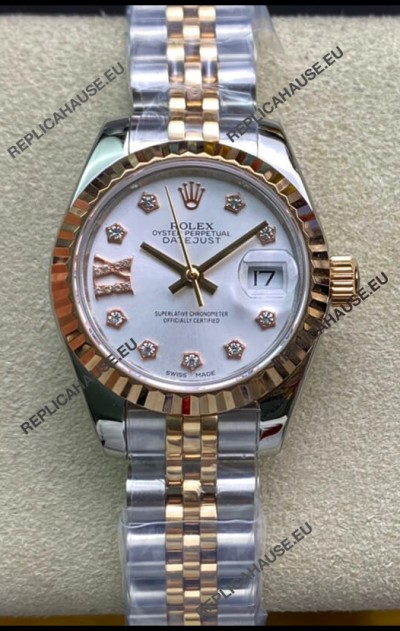 Rolex Datejust 28MM Swiss Replica in 904L Steel 2 Tone Rose Gold in White Dial - 1:1 Mirror Replica