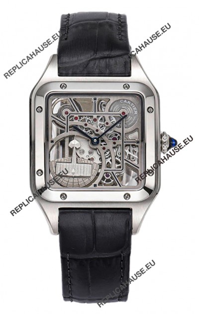 Cartier Santos Dumont Skeleton Stainless Steel Watch in Black Leather Strap 43.5MM