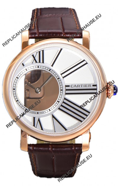 Rotonde De Cartier in Rose Gold Casing - Leather Strap Swiss Quartz Replica Watch 