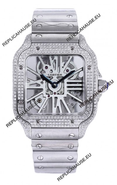 Santos De Cartier Watch in Skeleton Dial - Diamonds Bezel in Steel Casing & Strap Swiss Replica