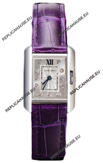 Cartier Tank Anglaise Stainless Steel Watch in Purple Leather Strap Swiss Quartz Watch 30MM