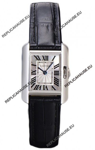 Cartier Tank Anglaise Stainless Steel Watch in Black Leather Strap Swiss Quartz Watch 30MM