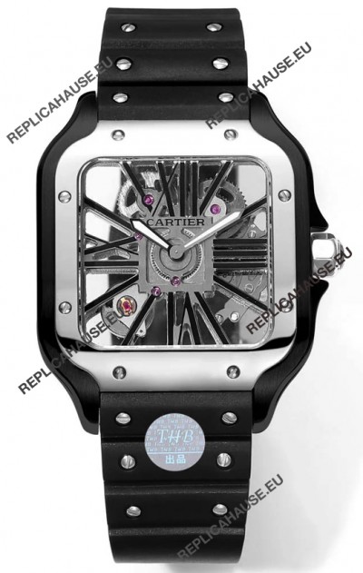 Santos De Cartier Watch in Skeleton Dial - DLC Coated Casing & Steel Strap in Rubber Strap