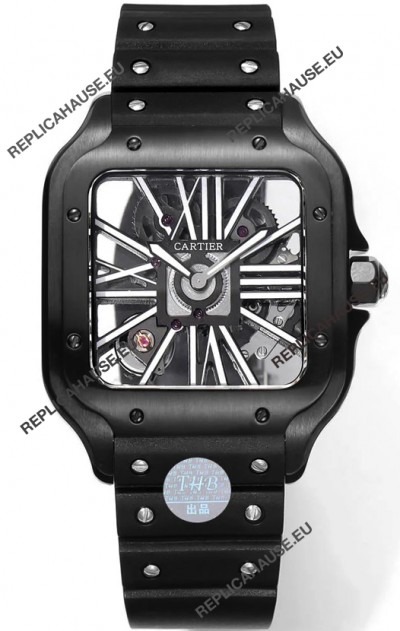 Santos De Cartier Watch in Skeleton Dial - DLC Coated Casing & Bezel in Rubber Strap