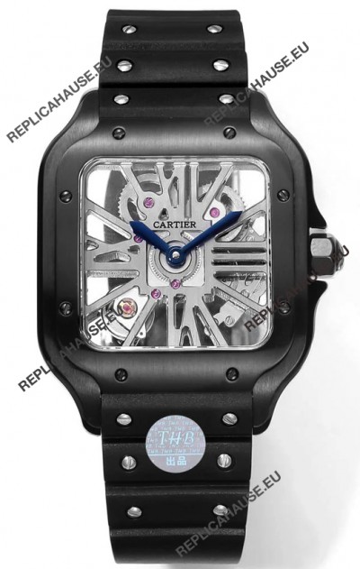 Santos De Cartier Watch in Skeleton Dial - DLC Coated Casing in Rubber Strap
