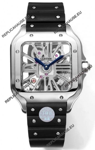 Santos De Cartier Watch in Skeleton Dial - Stainless Steel Casing & Bezel Black Rubber Strap