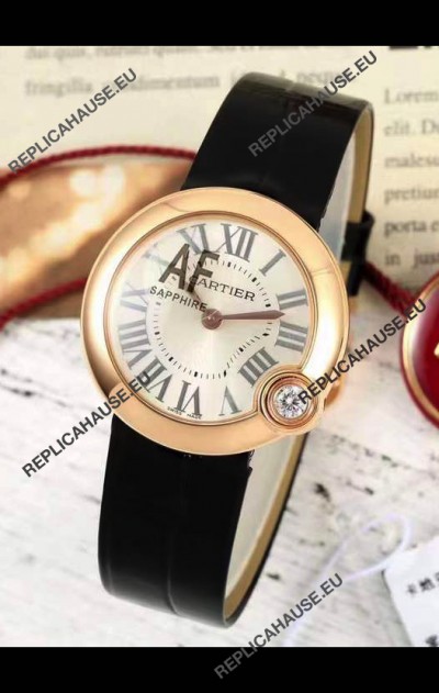 Ballon Blanc De Cartier Swiss Quartz Replica Watch in Rose Gold Casing Leather Strap 