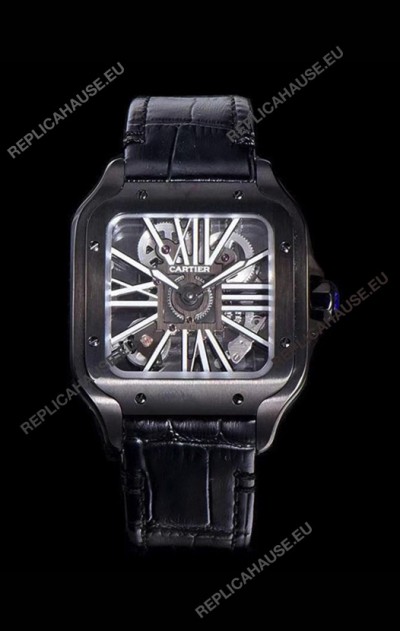 Cartier Santos DUMONT Skeleton Watch in Black DLC Coated Casing Swiss Movement Watch 