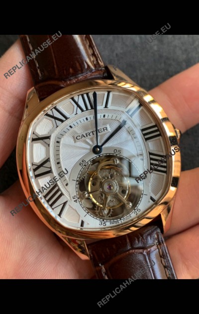 Drive De Cartier Yellow Gold Tourbillon Super clone Replica Watch in White Dial 
