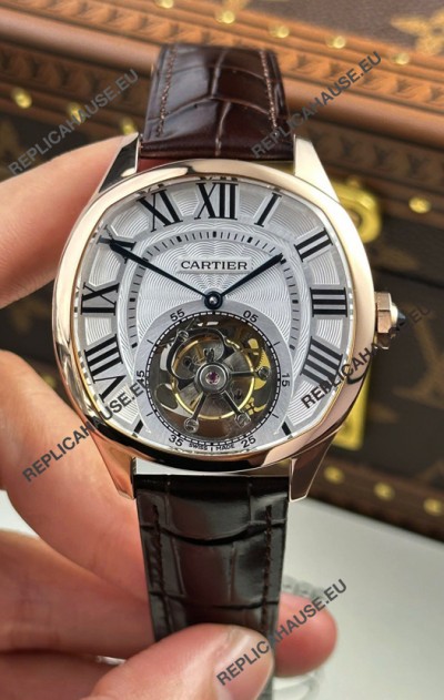 Drive De Cartier Rose Gold Tourbillon Super clone Replica Watch in White Dial 