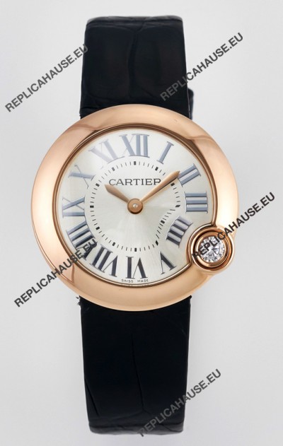 Ballon Blanc De Cartier Super Clone Watch 30MM in Rose Gold Casing Black Strap