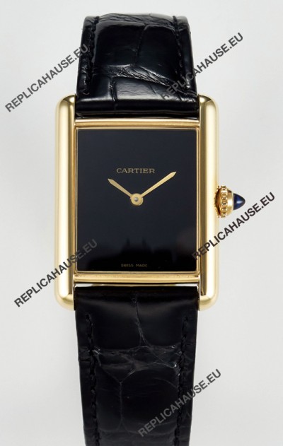 Tank Must Cartier Super Clone Edition 33.7MM Watch in Yellow Gold Casing Black Dial 