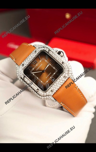 Santos De Cartier Watch in Brown Dial 39.50MM MOSSANITES Paved Bezel Swiss Replica Watch