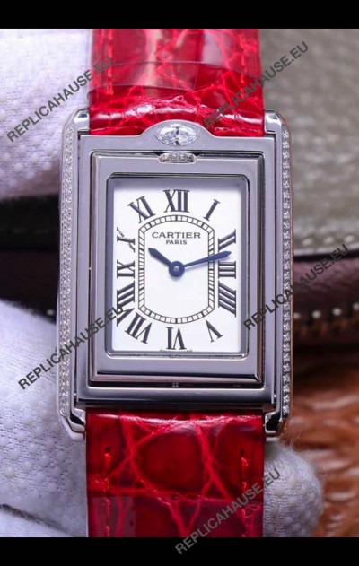 Cartier Tank Reversible Swiss Quartz Replica Watch in Steel Casing - Red Strap