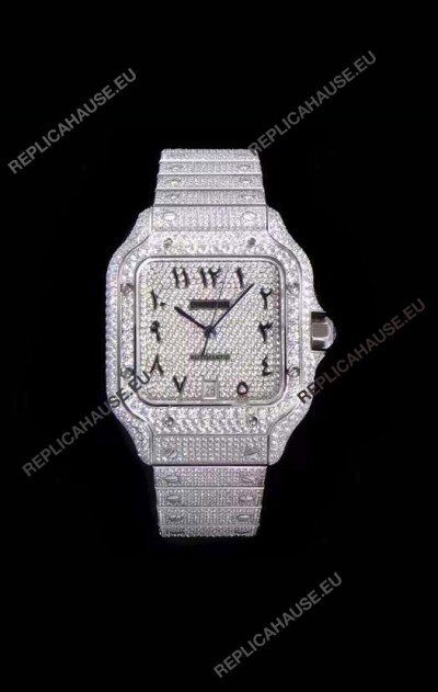 Santos De Cartier Swiss Replica Watch with Diamonds Embedded Dial in Steel Casing 40MM