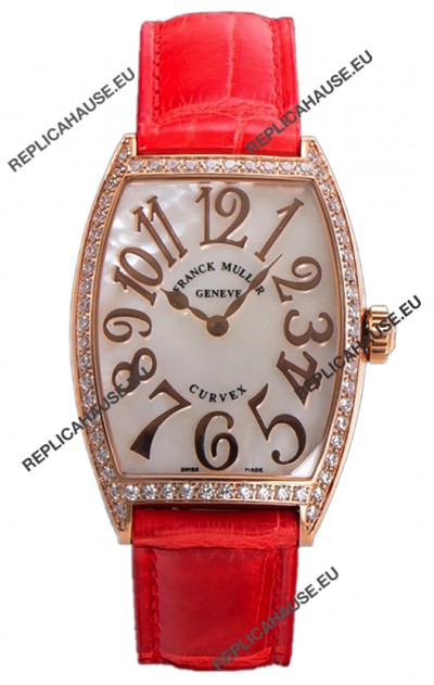 Franck Muller Cintree Curvex Mother of Pearl Dial Watch in Rose Gold Plating - Red Strap 