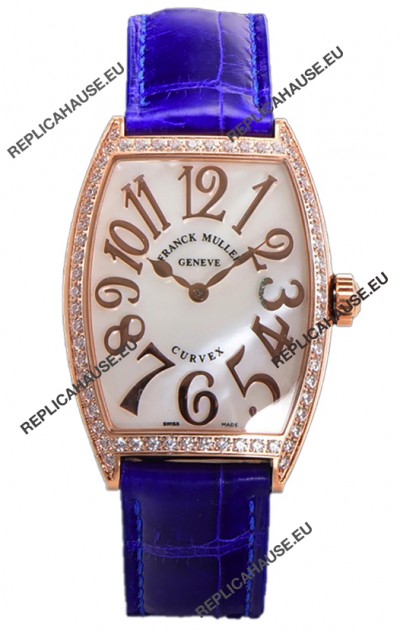 Franck Muller Cintree Curvex Mother of Pearl Dial Watch in Rose Gold Plating - Purple Strap 