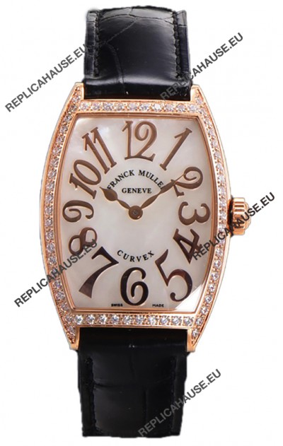 Franck Muller Cintree Curvex Mother of Pearl Dial Watch in Rose Gold Plating - Black Strap 