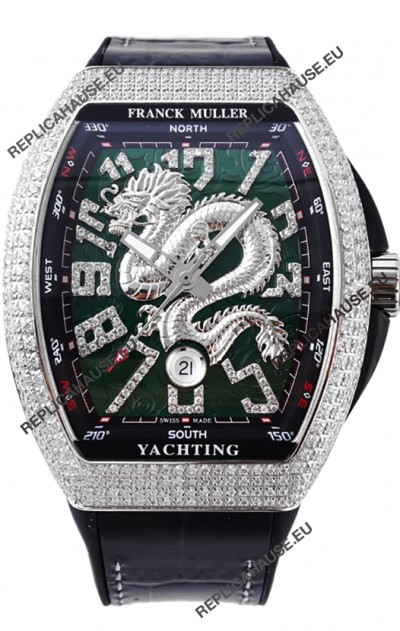 Franck Muller Vanguard Yachting Dragon V45 Green Dial in Diamonds Bezel Swiss Replica