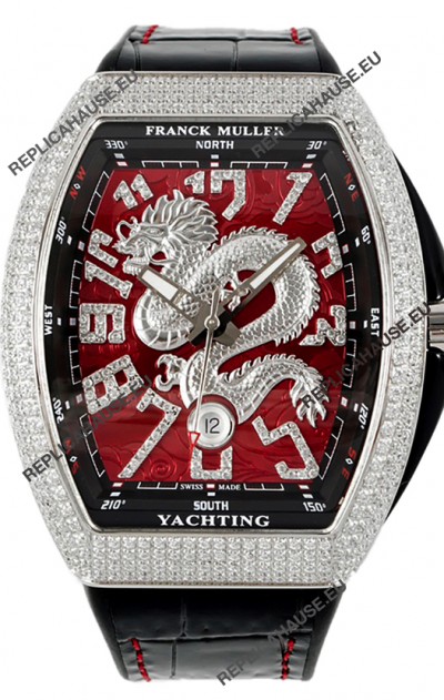 Franck Muller Vanguard Yachting Dragon V45 Red Dial in Rounded Diamonds Bezel Swiss Replica