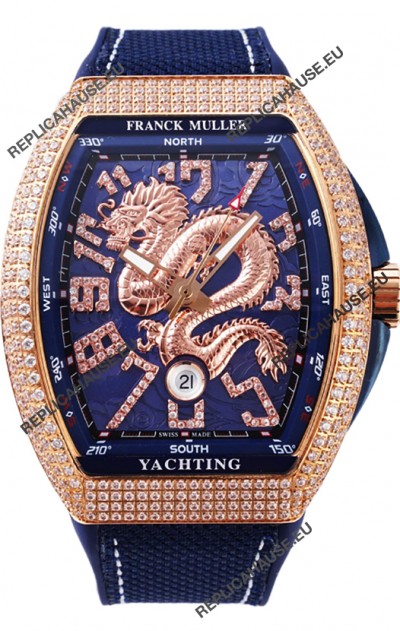 Franck Muller Vanguard Yachting Dragon V45 Blue Dial in Gold Diamonds Bezel Swiss Replica
