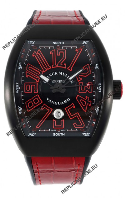 Franck Muller Vanguard in DLC Coated Casing Black Dial Swiss Replica Red Strap 