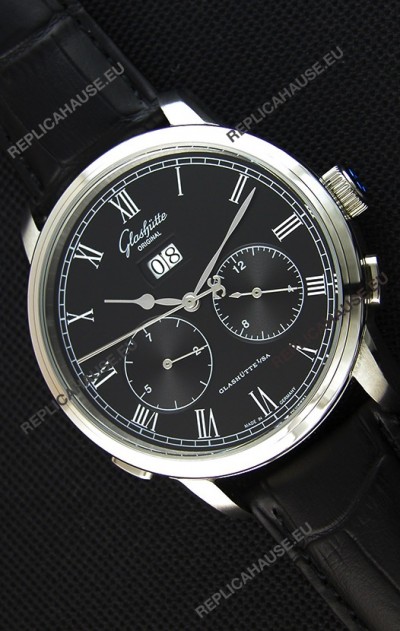Glashuette Dual Sub Dial Japanese Replica Watch in Black Dial