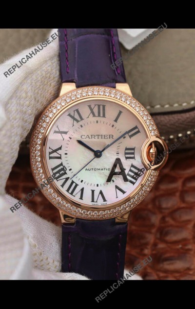 Ballon De Cartier Swiss Automatic 1:1 Mirror Quality 36MM in Purple Strap Rose Gold Casing