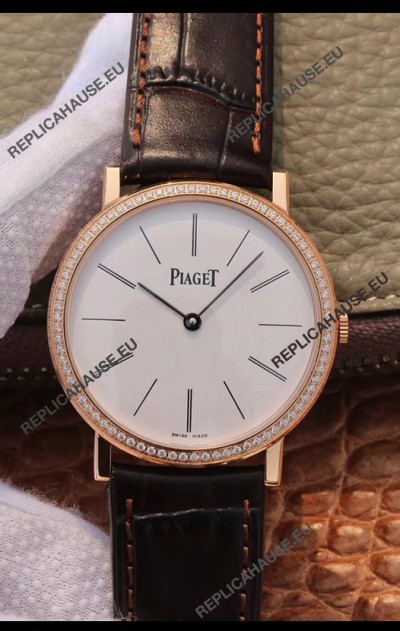 Piaget Altiplano G0A31114 1:1 Mirror Swiss Replica Watch in Rose Gold White Dial Diamonds Bezel