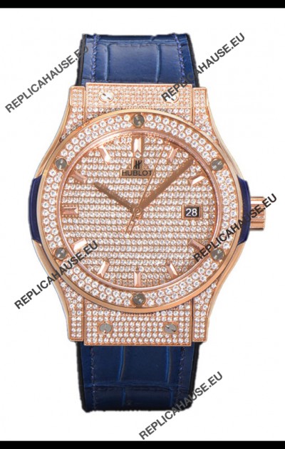 Hublot Classic Fusion Automatic Rose Gold Diamonds Paved Dial Blue Strap 42MM Superclone Replica Watch 