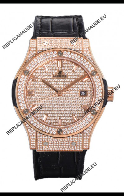 Hublot Classic Fusion Automatic Rose Gold Diamonds Paved Dial Black Strap 42MM Superclone Replica Watch 