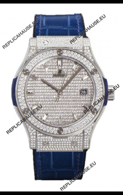 Hublot Classic Fusion Automatic Steel Diamonds Paved Dial Blue Strap 42MM Superclone Replica Watch 