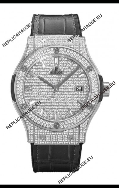 Hublot Classic Fusion Automatic Steel Diamonds Paved Dial Grey Strap 42MM Superclone Replica Watch 