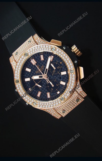 Hublot Big Bang Carbon Dial Diamonds Studded Rose Gold Swiss Watch 
