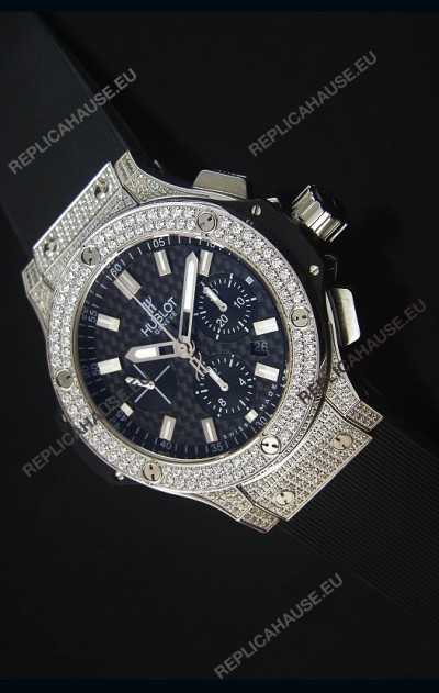 Hublot Big Bang Carbon Dial Diamonds Studded Stainless Steel Swiss Watch 