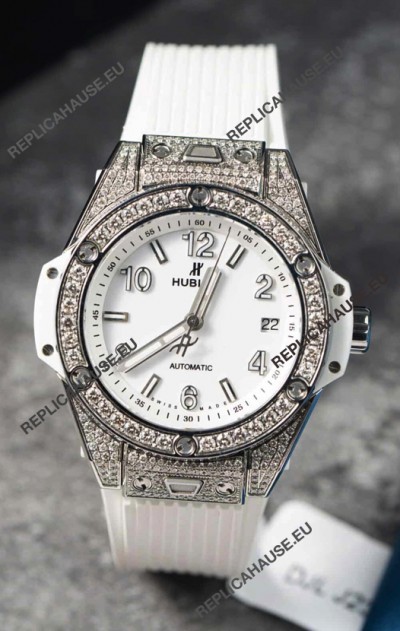 Hublot Big Bang One Click Mossanites Paved Casing Swiss Replica Watch White Dial