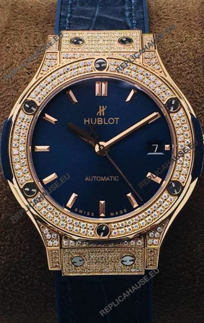 Hublot Classic Fusion Diamonds Rose Gold Blue Dial 38MM Swiss Replica Watch 1:1 Mirror Quality