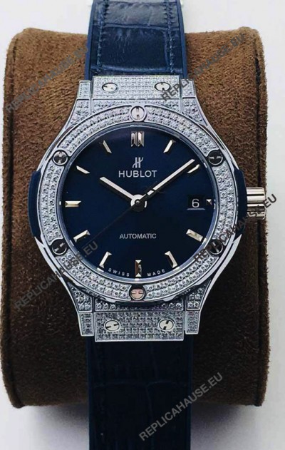 Hublot Classic Fusion Diamonds Steel Blue Dial 38MM Swiss Replica Watch 1:1 Mirror Quality