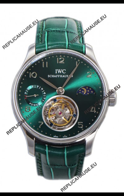 IWC Portugese Hand-Wound Genuine Tourbillon Green Dial Steel Casing Swiss Replica Watch 