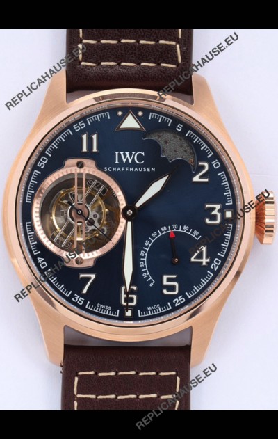IWC Portuguese Genuine Swiss Tourbillon Movement Rose Gold Watch in Blue Dial 