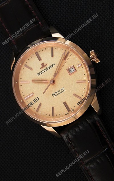 Jaeger LeCoultre Geophysic True Second Pink Gold Swiss Replica Watch Gold Dial 