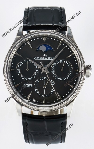 Jaeger LeCoultre Super Clone Master Ultra-Thin Perpetual Calendar Grey Dial Diamonds Watch