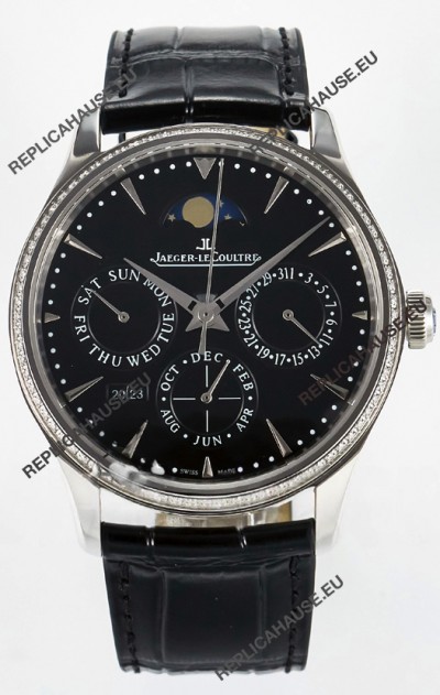 Jaeger LeCoultre Super Clone Master Ultra-Thin Perpetual Calendar Black Dial Diamonds Watch